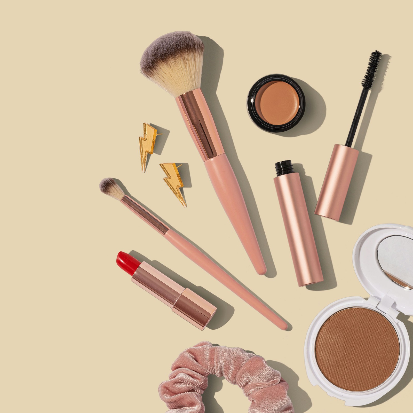 Premium editorial still life of skincare bottles, soft towel and warm botanical details in natural light, no people